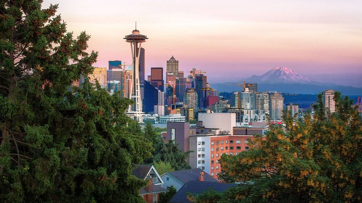 Sunset over Seattle, Washington USA with Mount Rainier in the background